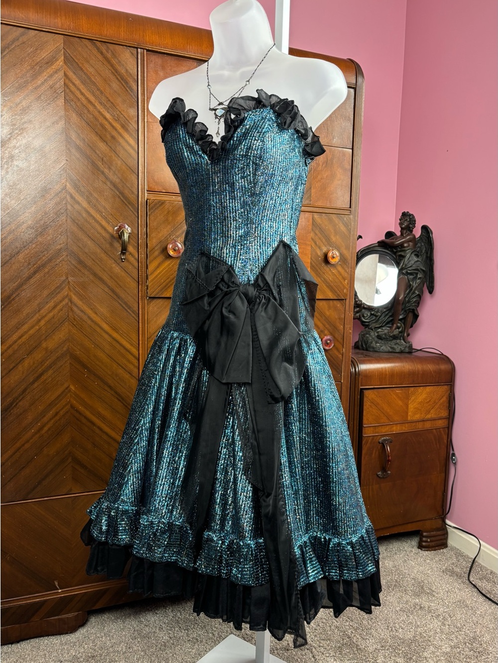 Vintage Teal Ruffled Evening Dress with Black Bow XXS - Picture 3 of 6